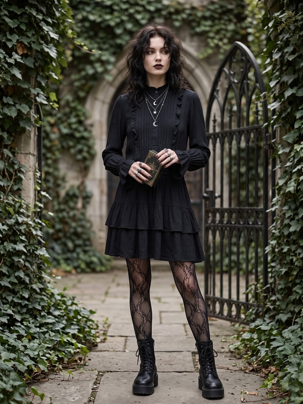 GAP Pintuck Ruffle Tiered Mini Dress Black Whimsigoth Dark Romance Goth
